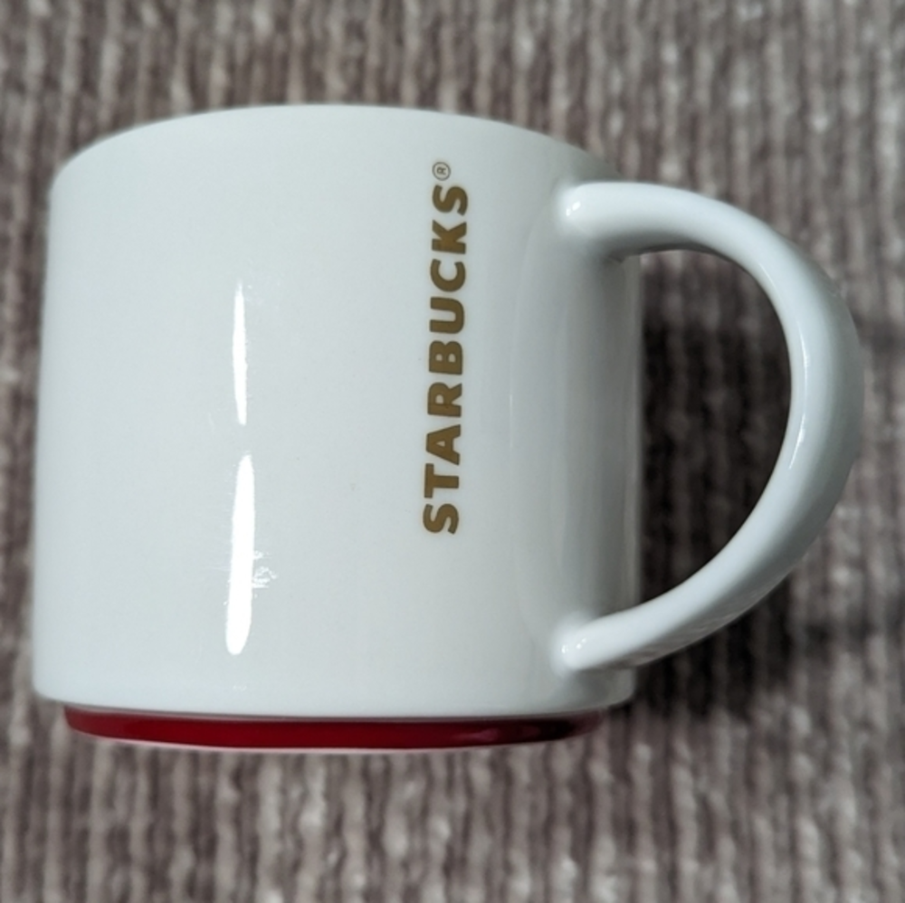 Starbucks Mug 2012 16oz. White, Gold Letters, Red‎ Stripe